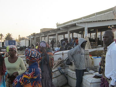 Kühlwagen der Fischfabriken - im Hintergrund - stehen im Wettbewerb mit den Frauen für den Zugang zu den Anlandungen der Fänge