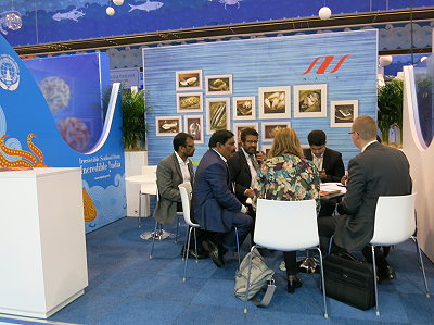 Absorbed in negotiations - one of many booths at the Brussels Seafood Fair 2018
